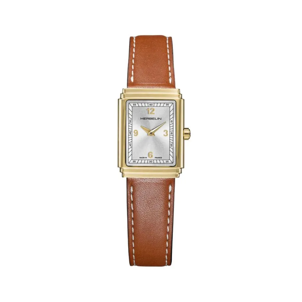 HERBELIN Montre Art Deco Argenté cadran doré fond argenté bracelet cuir marron Outlet