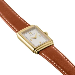 HERBELIN Montre Art Deco Argenté cadran doré fond argenté bracelet cuir marron Outlet