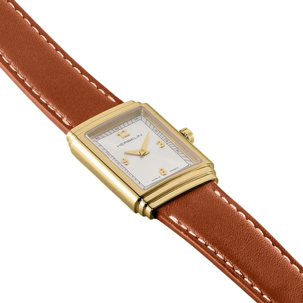 HERBELIN Montre Art Deco Argenté cadran doré fond argenté bracelet cuir marron Outlet