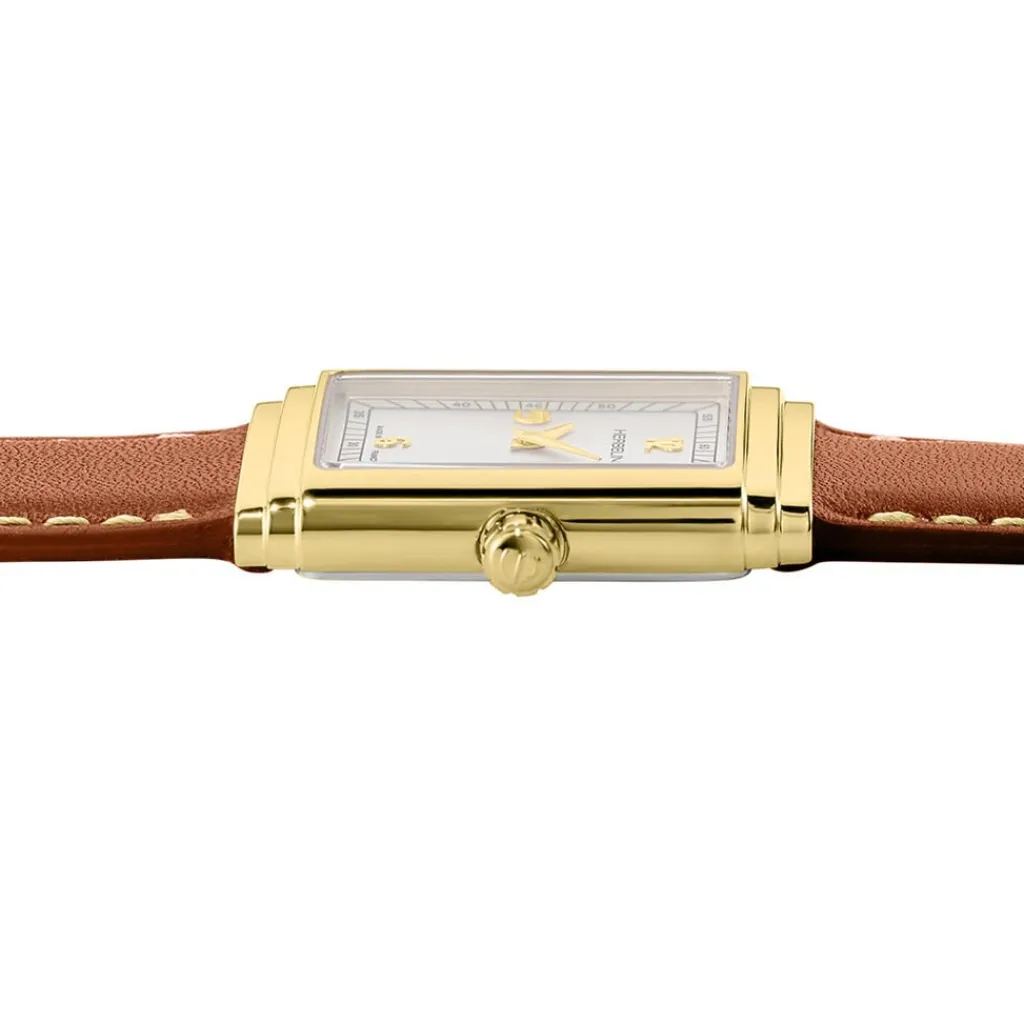 HERBELIN Montre Art Deco Argenté cadran doré fond argenté bracelet cuir marron Outlet