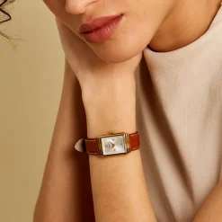 HERBELIN Montre Art Deco Argenté cadran doré fond argenté bracelet cuir marron Outlet