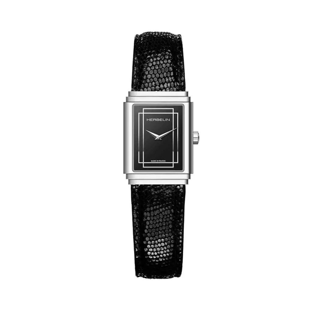 HERBELIN Montre Art Deco Noir cadran argente fond noir bracelet cuir noir Discount