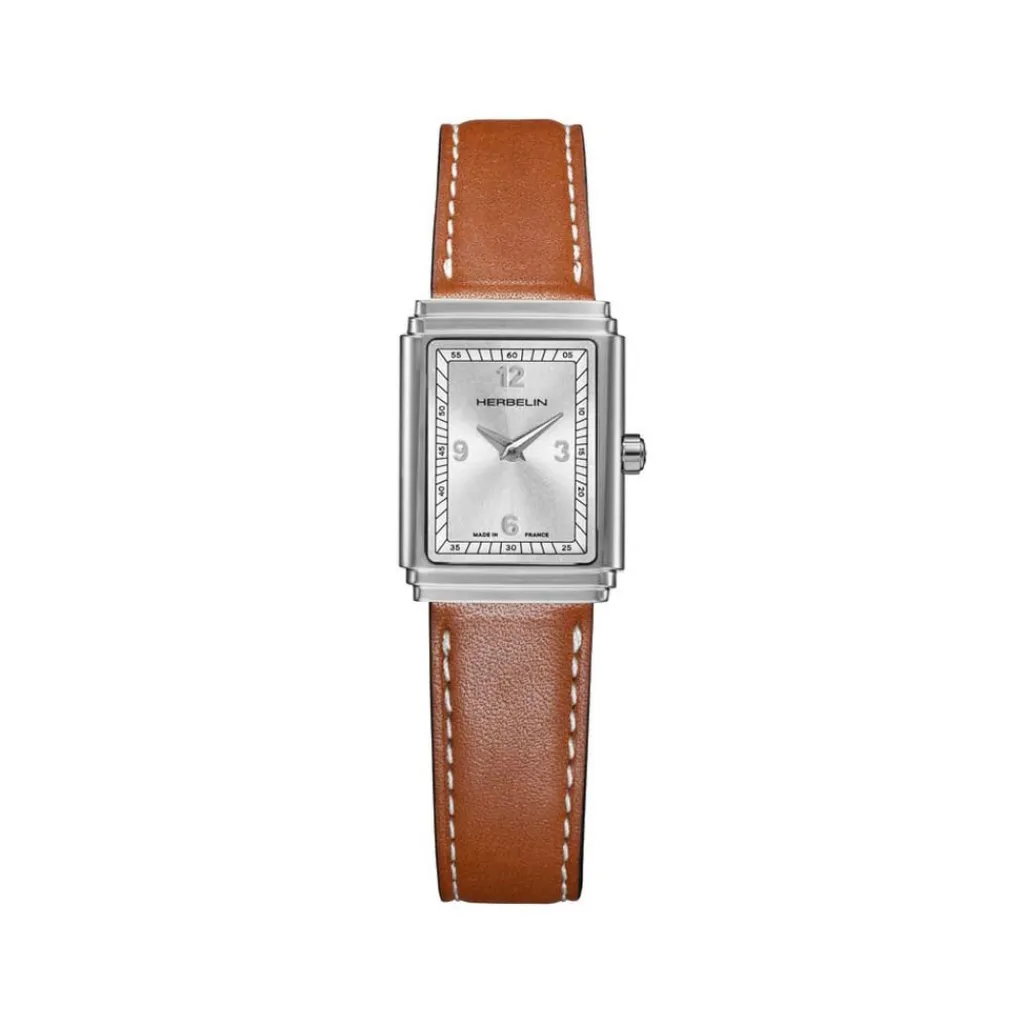 HERBELIN Montre Art Deco Argenté cadran argenté fond argenté bracelet cuir marron Discount