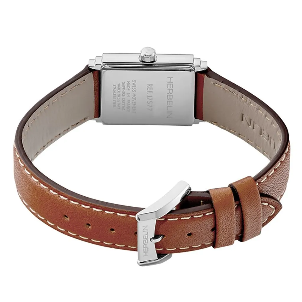 HERBELIN Montre Art Deco Argenté cadran argenté fond argenté bracelet cuir marron Discount