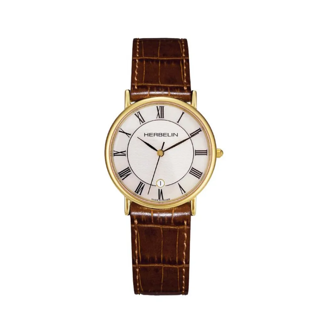 HERBELIN Montre Classique Blanc cadran doré fond blanc bracelet cuir marron Online