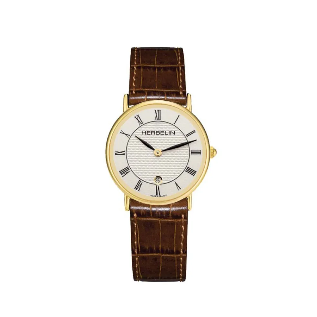 HERBELIN Montre Classique Blanc cadran doré fond blanc bracelet cuir marron Hot