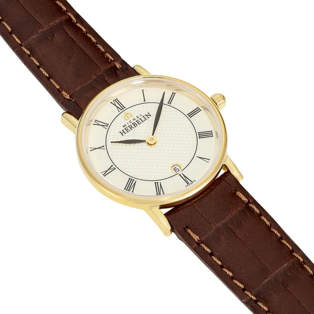 HERBELIN Montre Classique Blanc cadran doré fond blanc bracelet cuir marron Hot