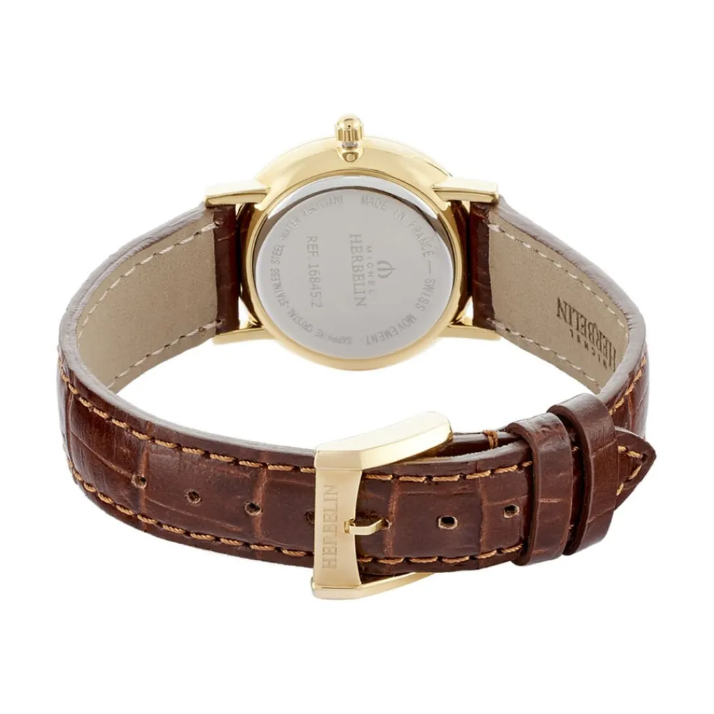 HERBELIN Montre Classique Blanc cadran doré fond blanc bracelet cuir marron Hot