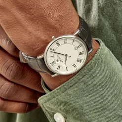 HERBELIN Montre Classique Blanc cadran argenté fond blanc bracelet cuir noir Outlet