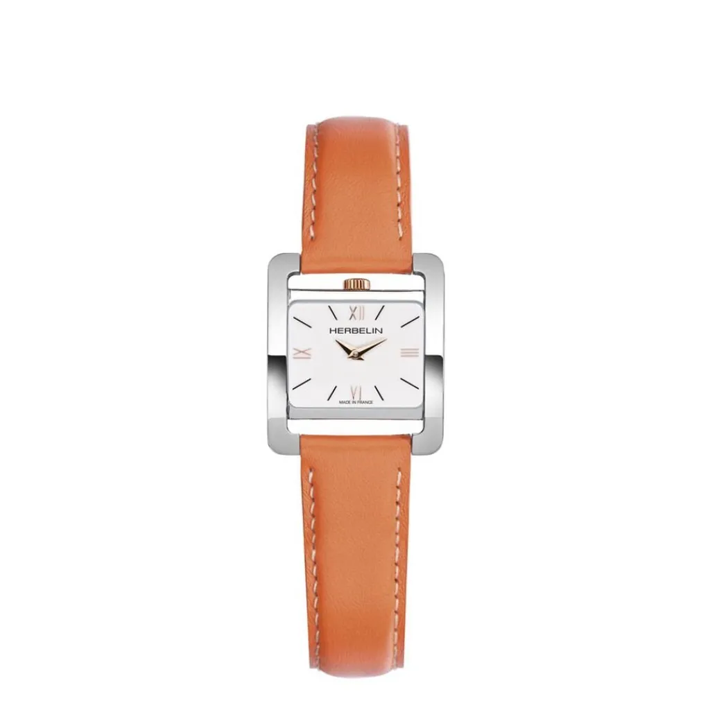 HERBELIN Montre 5Eme Avenue Blanc cadran argenté fond blanc bracelet cuir orange New