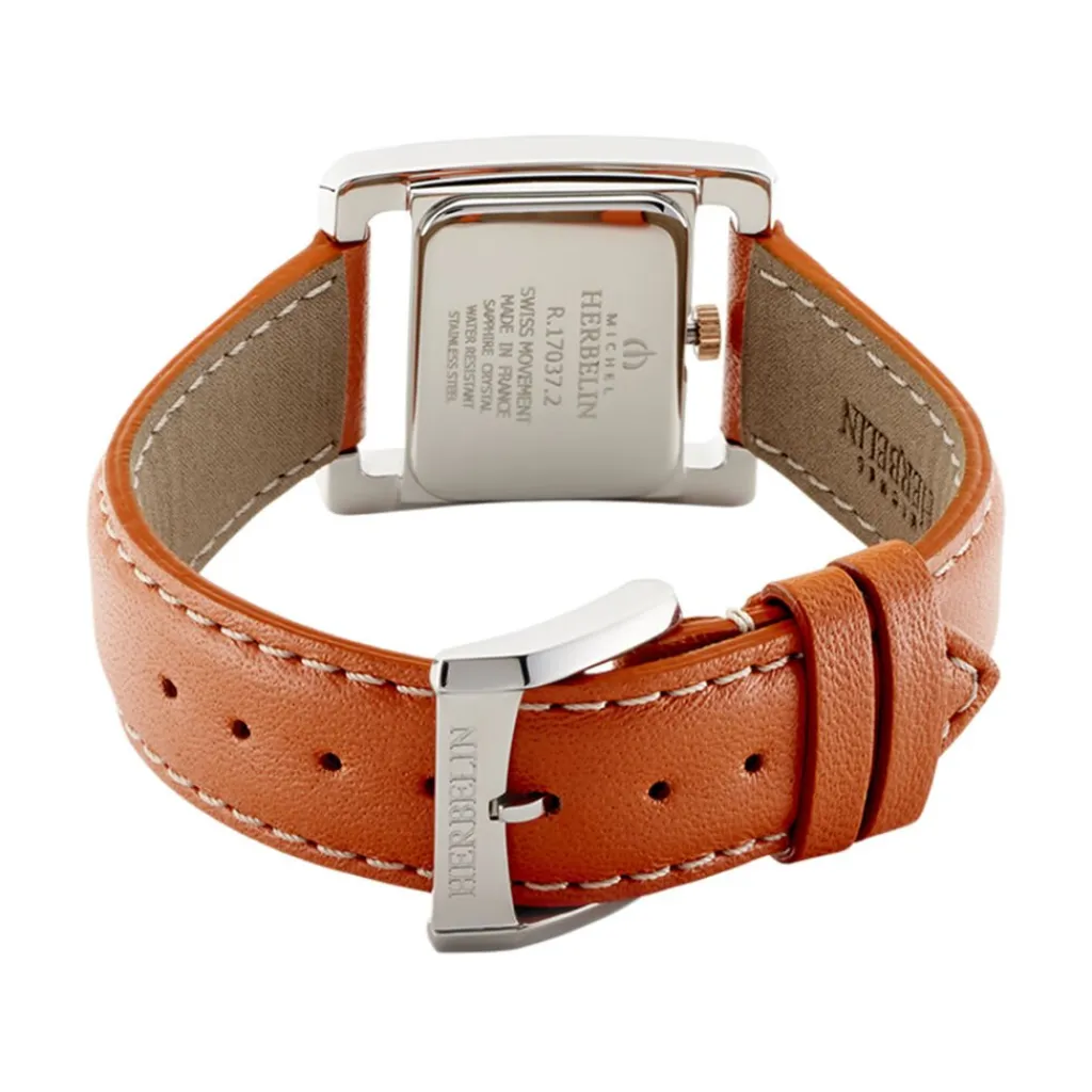HERBELIN Montre 5Eme Avenue Blanc cadran argenté fond blanc bracelet cuir orange New
