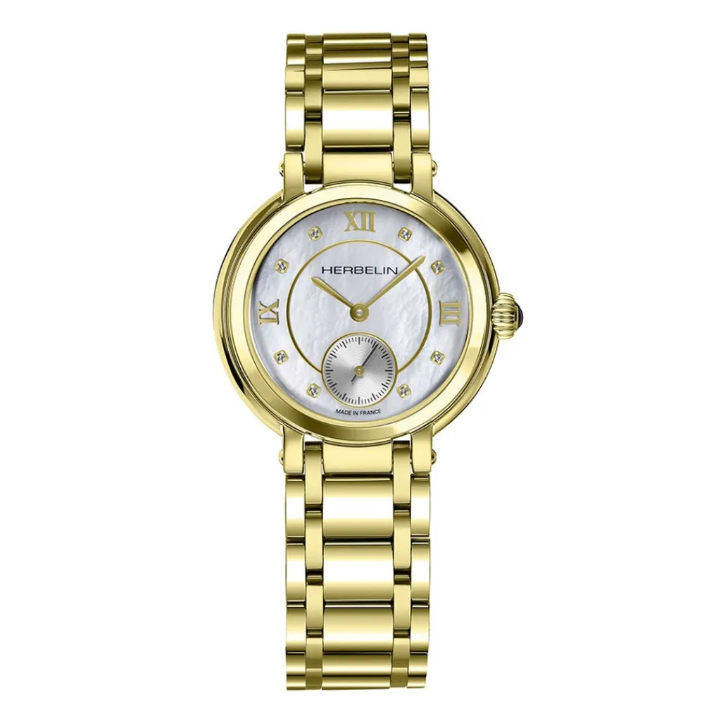 HERBELIN Montre Galet Nacre Blanche cadran doré fond nacre blanche bracelet acier doré Clearance