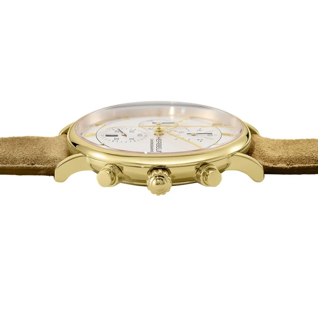 HERBELIN Montre Inspiration Blanc cadran doré fond blanc bracelet cuir marron New
