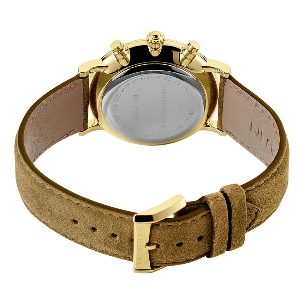 HERBELIN Montre Inspiration Blanc cadran doré fond blanc bracelet cuir marron New
