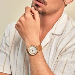 HERBELIN Montre Inspiration Blanc cadran doré fond blanc bracelet cuir marron New