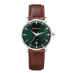 HERBELIN Montre Inspiration Vert cadran doré fond vert bracelet cuir marron New