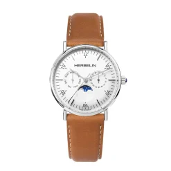 HERBELIN Montre Inspiration Blanc cadran argenté fond blanc bracelet cuir marron Clearance