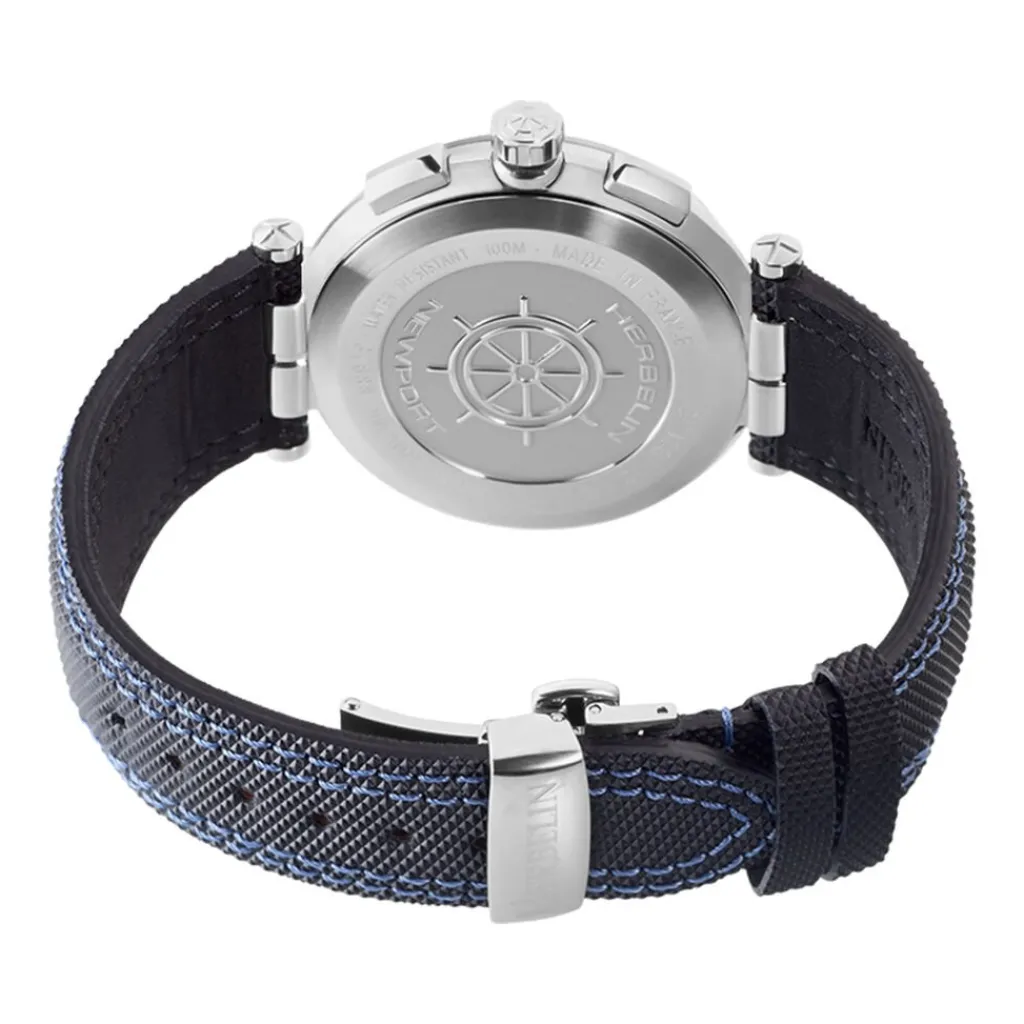 HERBELIN Montre Newport Chrono Noir Et Bleu cadran argenté fond bicolore bracelet cuir noir Online
