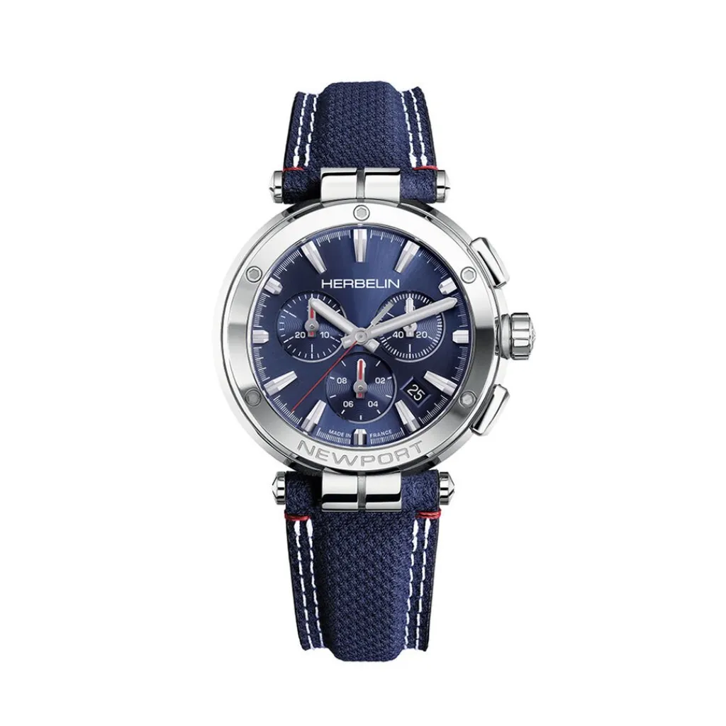 HERBELIN Montre Newport Chrono Bleu cadran argenté fond bleu bracelet tissu bleu Online