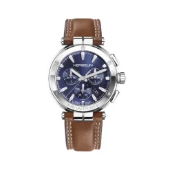 HERBELIN Montre Newport Chrono Bleu cadran argenté fond bleu bracelet cuir marron Hot