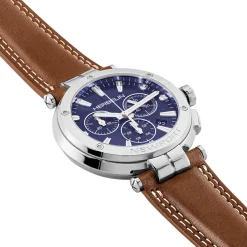 HERBELIN Montre Newport Chrono Bleu cadran argenté fond bleu bracelet cuir marron Hot