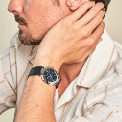 HERBELIN Montre Newport Slim Bleu cadran argenté fond bleu bracelet cuir noir Sale