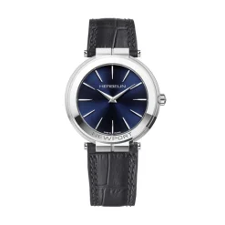 HERBELIN Montre Newport Slim Bleu cadran argenté fond bleu bracelet cuir noir New