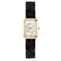 HERBELIN Montre Octogone Nacre Blanche cadran doré fond nacre blanche bracelet cuir d'agneau noir Hot