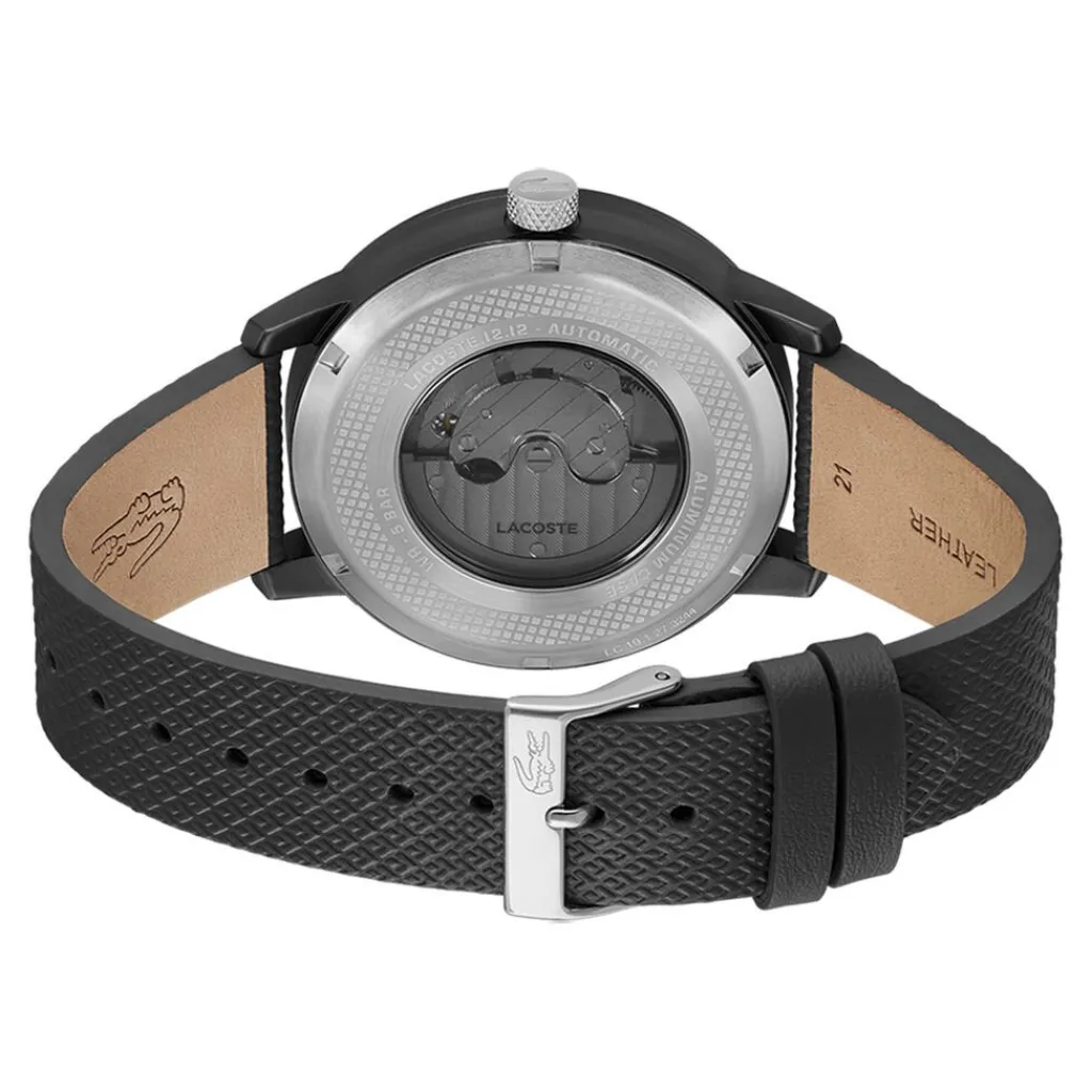 LACOSTE Montre .12.12 Automatique Noir cadran noir fond noir bracelet cuir de veau noir Outlet
