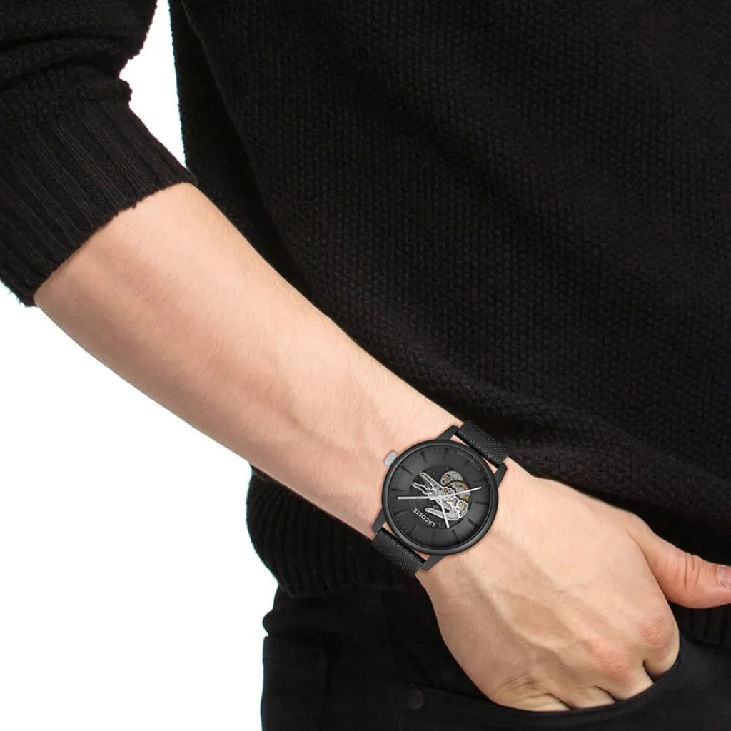 LACOSTE Montre .12.12 Automatique Noir cadran noir fond noir bracelet cuir de veau noir Outlet
