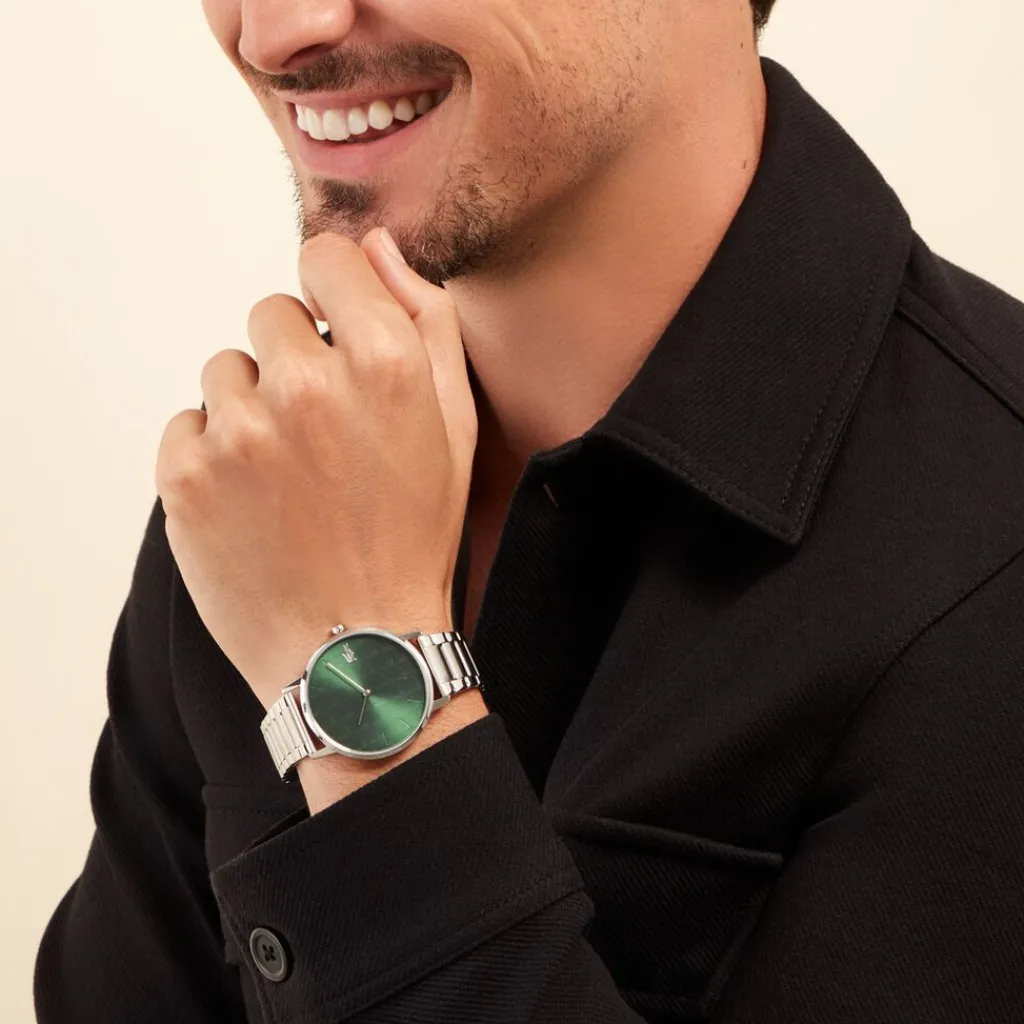 LACOSTE Montre Crocorigin Vert cadran argenté fond vert bracelet acier argenté
