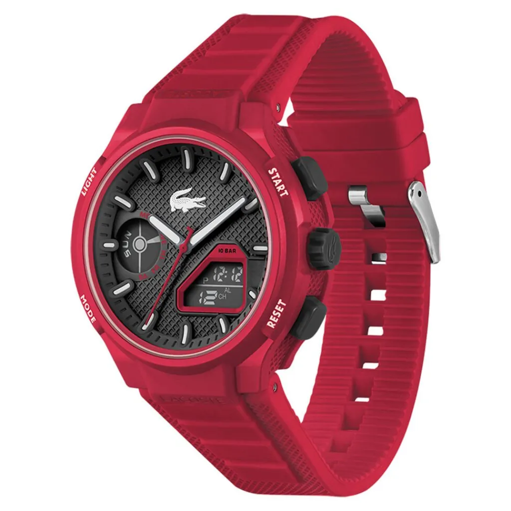 LACOSTE Montre Lc33 Noir cadran rouge fond noir bracelet silicone rouge Hot