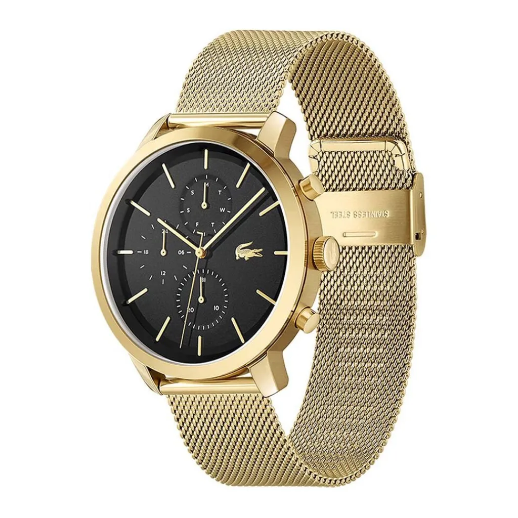 LACOSTE Montre Replay Noir cadran doré fond noir bracelet acier argenté Hot