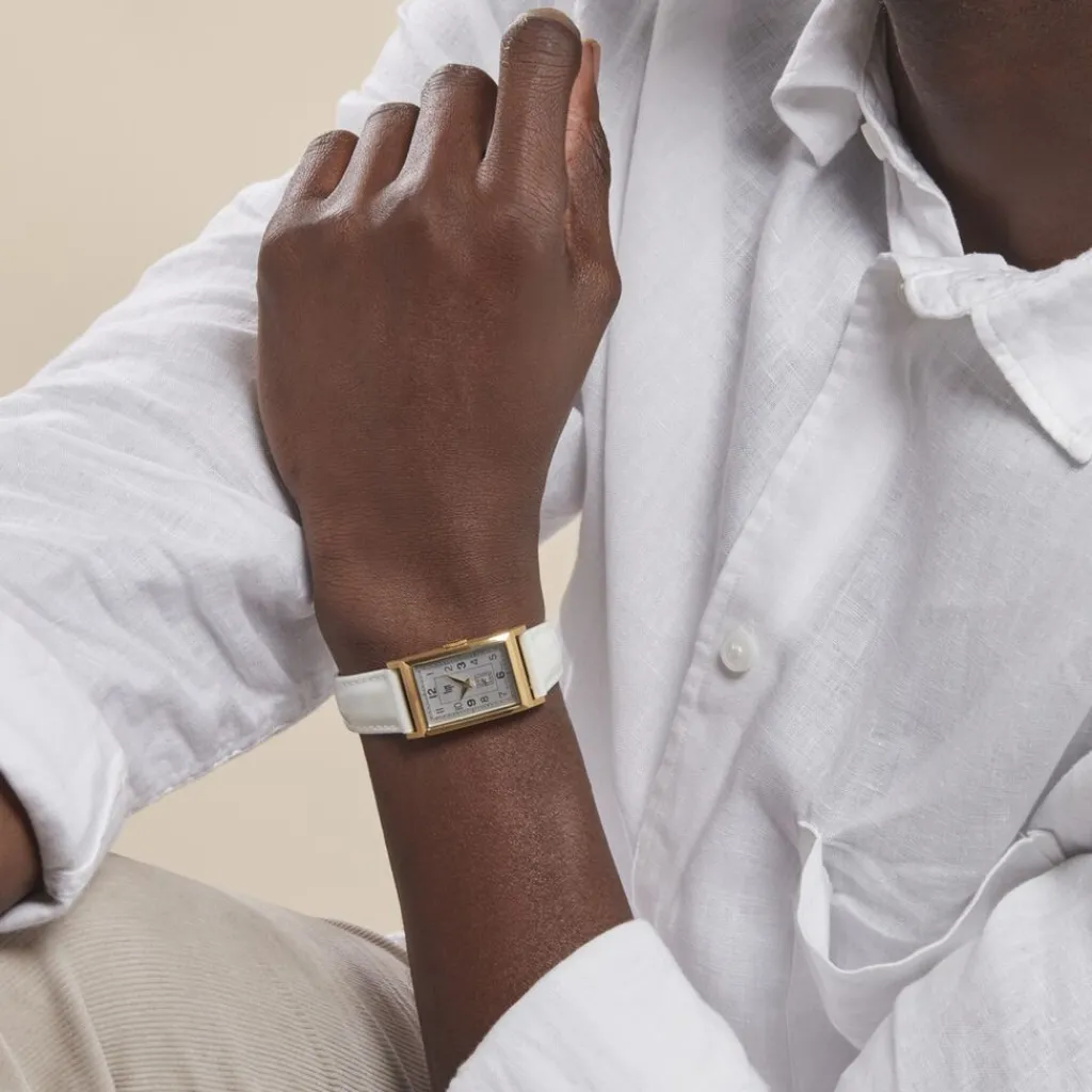 LIP Montre Churchill T18 Argenté cadran doré fond argenté bracelet cuir blanc Hot