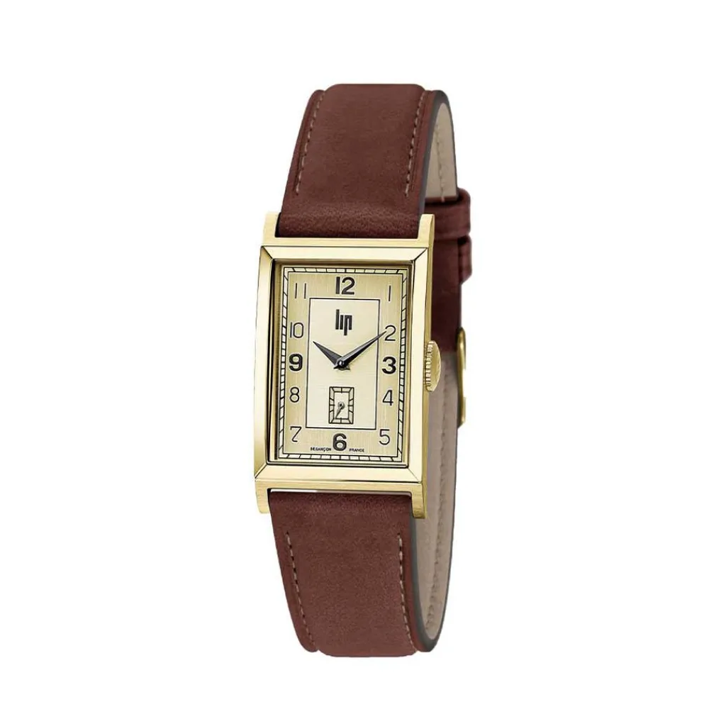LIP Montre Churchill T18 Doré cadran doré fond doré bracelet cuir marron Hot