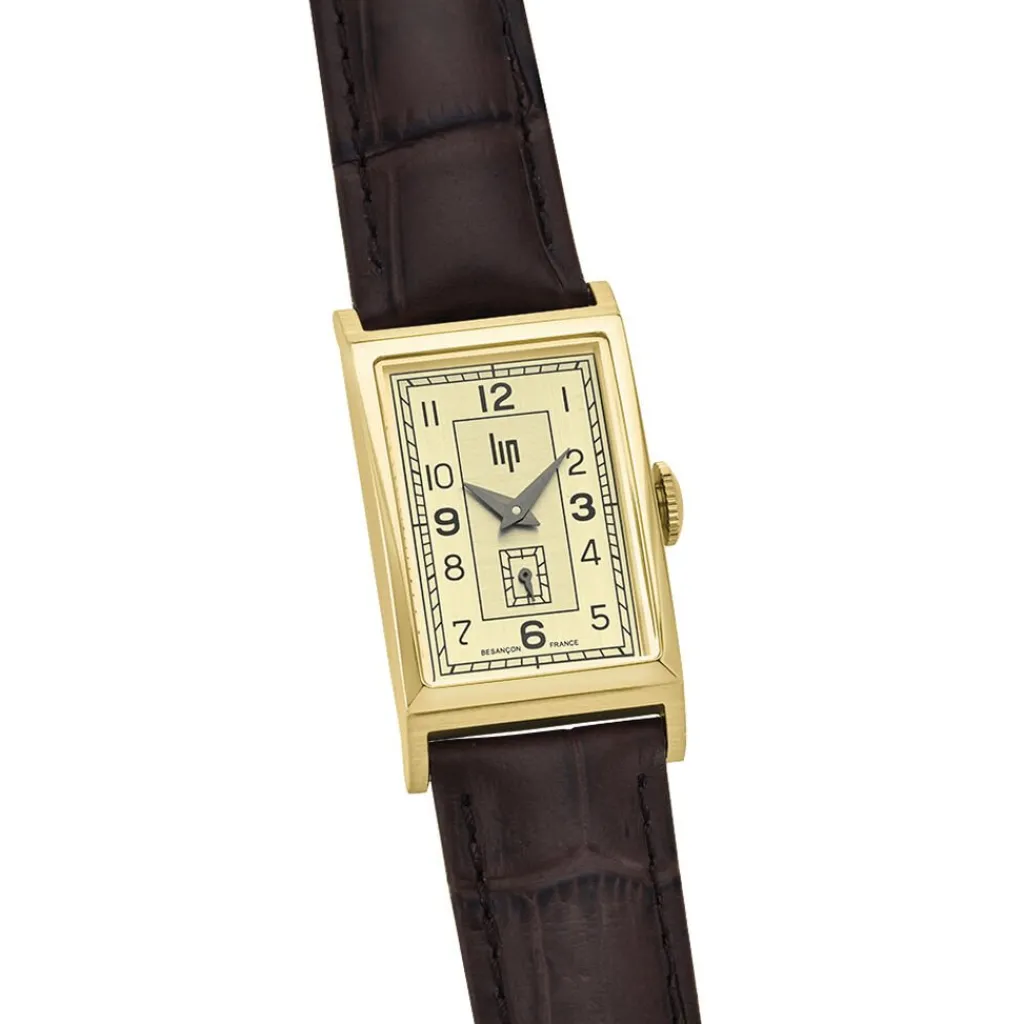 LIP Montre Churchill T18 Doré cadran doré fond doré bracelet cuir marron Outlet