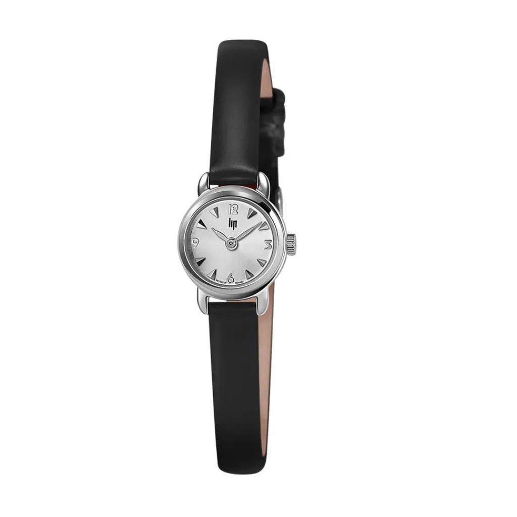 LIP Montre Henriette 19 Argenté cadran argenté fond argenté bracelet cuir de vache noir Sale