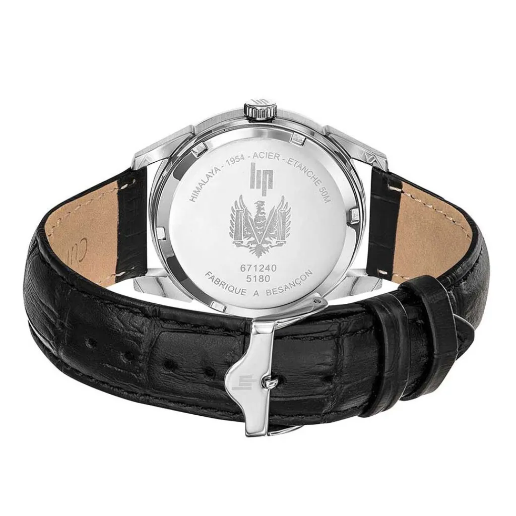 LIP Montre Himalaya 40 Argenté cadran argenté fond argenté bracelet cuir noir Hot