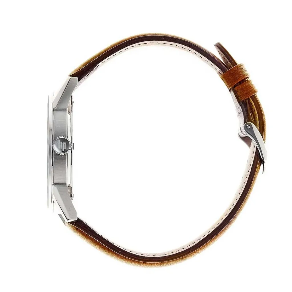 LIP Montre Himalaya 40 Bleu cadran argenté fond bleu bracelet cuir marron New