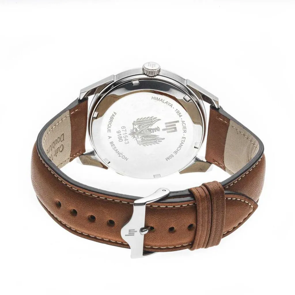 LIP Montre Himalaya 40 Bleu cadran argenté fond bleu bracelet cuir marron New