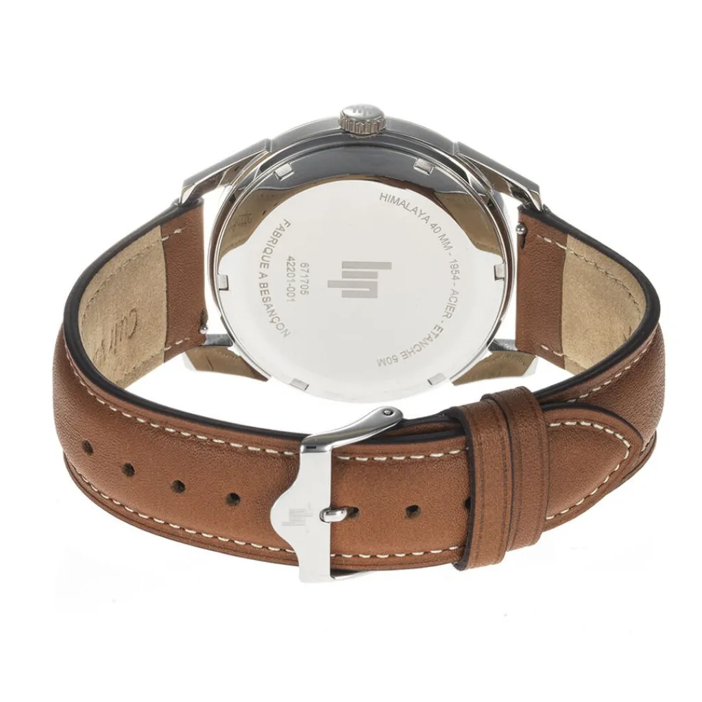 LIP Montre Himalaya 40 Bleu cadran argenté fond bleu bracelet cuir de vache marron New