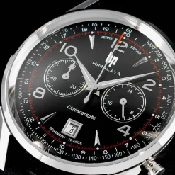 LIP Montre Himalaya Chrono Noir cadran argenté fond noir bracelet cuir noir New