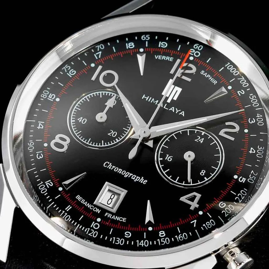 LIP Montre Himalaya Chrono Noir cadran argenté fond noir bracelet cuir noir New