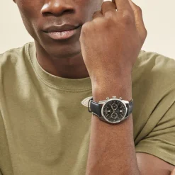 LIP Montre Himalaya Chrono Noir cadran argenté fond noir bracelet cuir noir New