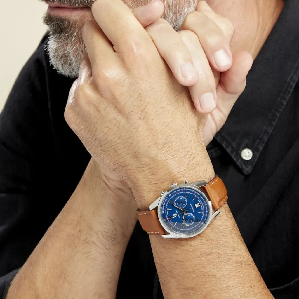 LIP Montre Himalaya Chrono Bleu cadran argenté fond bleu bracelet cuir marron Discount