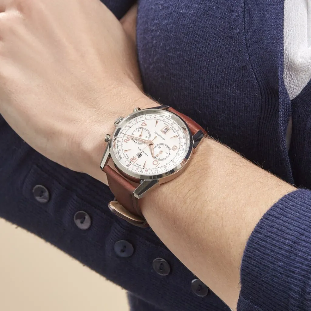 LIP Montre Himalaya Chrono Argenté cadran argenté fond argenté bracelet cuir marron Clearance