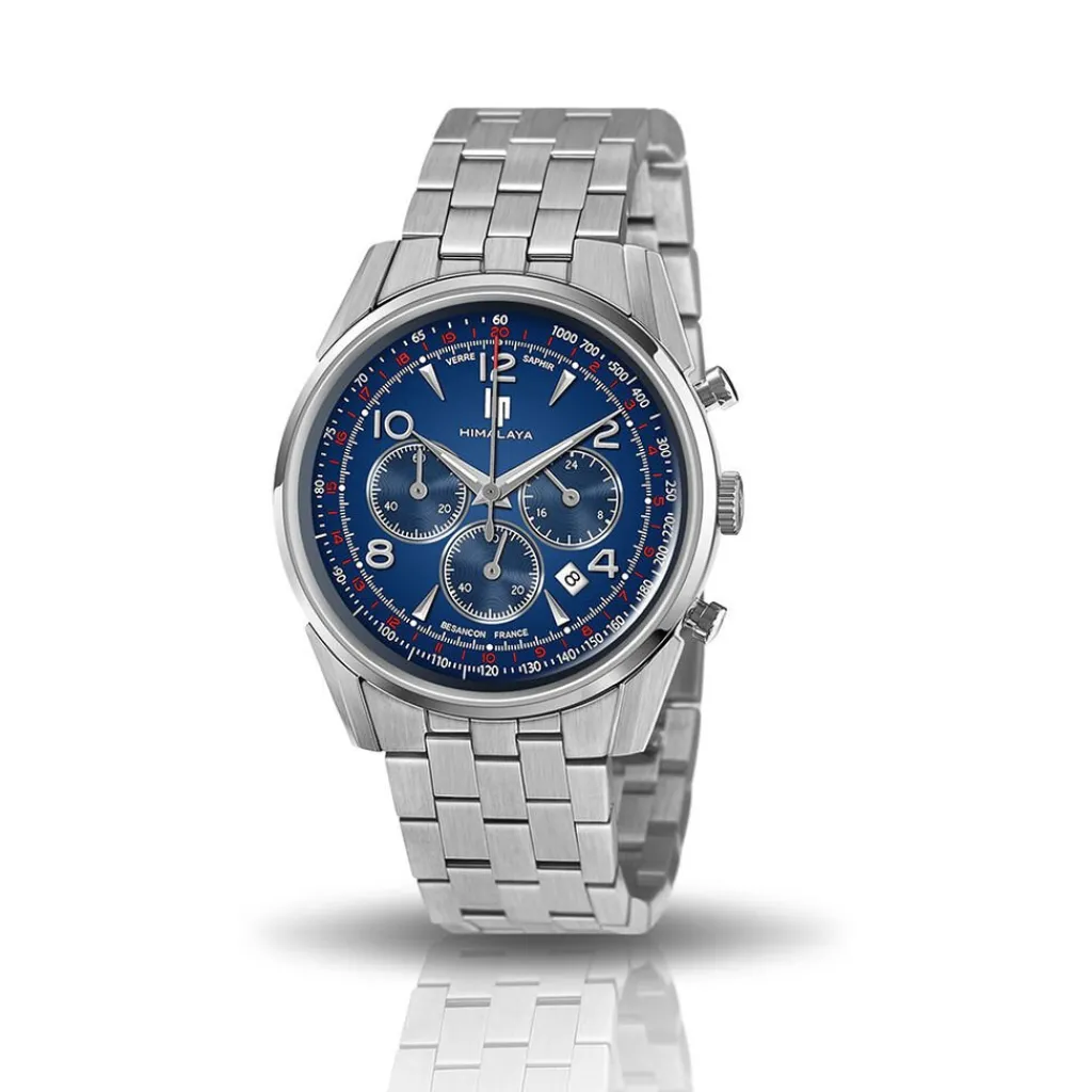 LIP Montre Himalaya Chrono Bleu cadran argenté fond bleu bracelet acier argenté