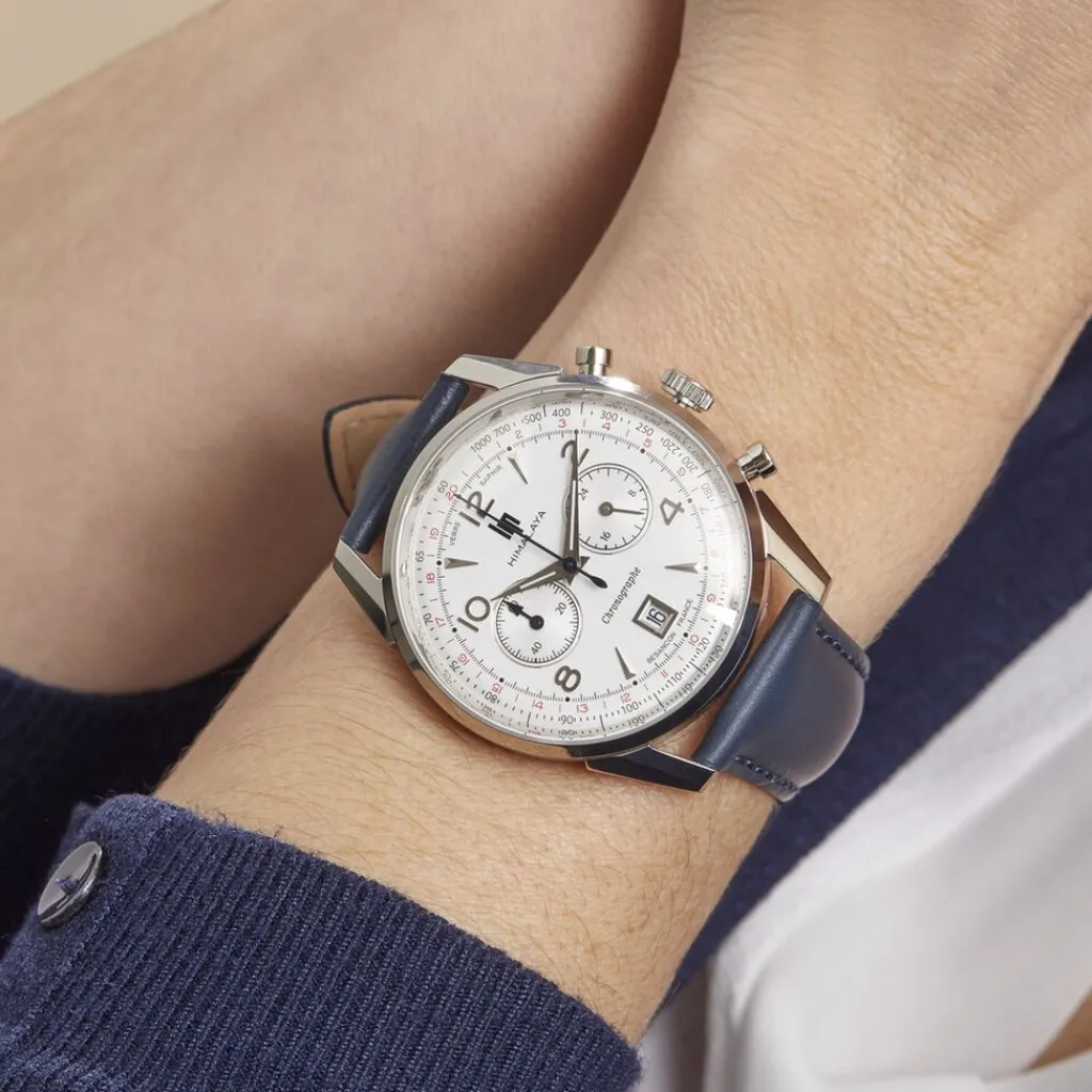 LIP Montre Himalaya Chrono Blanc Argenté cadran argenté fond blanc bracelet cuir bleu Online