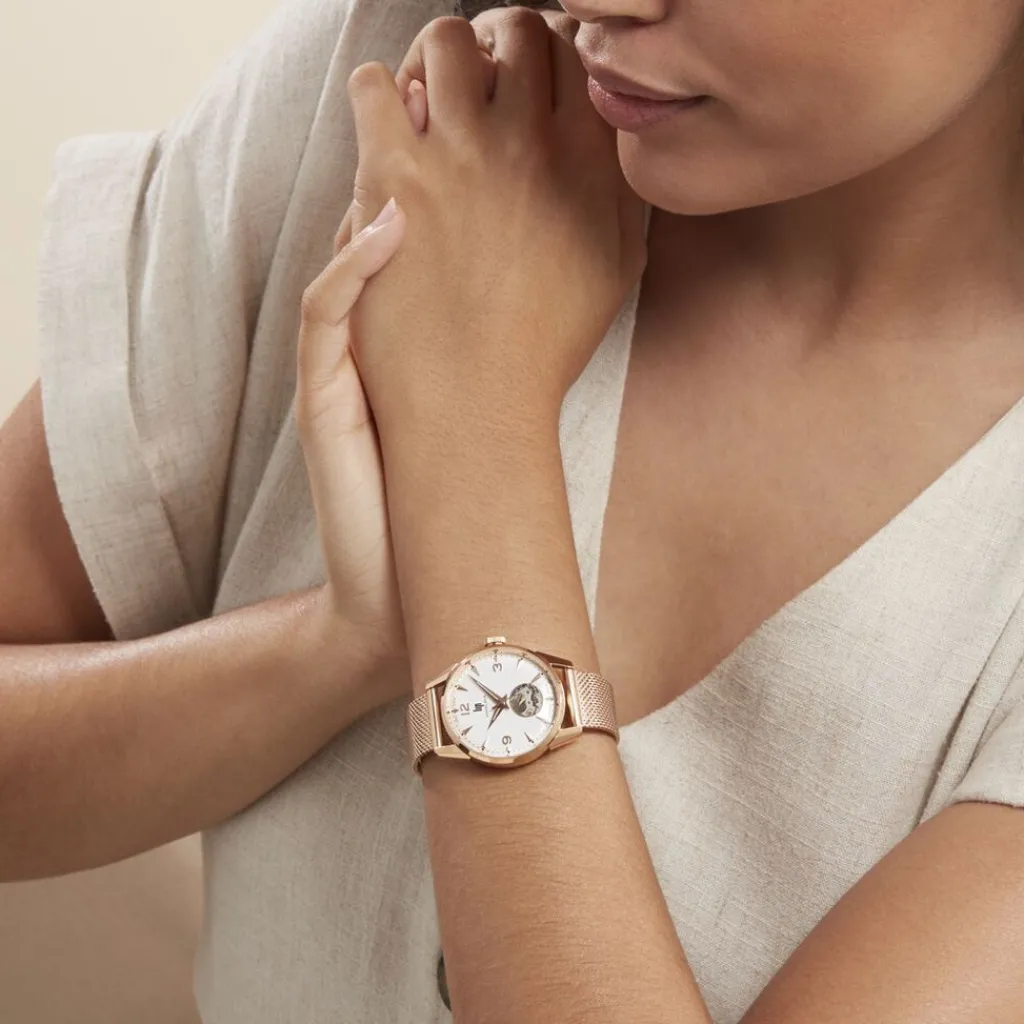 LIP Montre Himalaya C艙ur Battant Blanc cadran doré rose fond blanc bracelet acier doré rose New