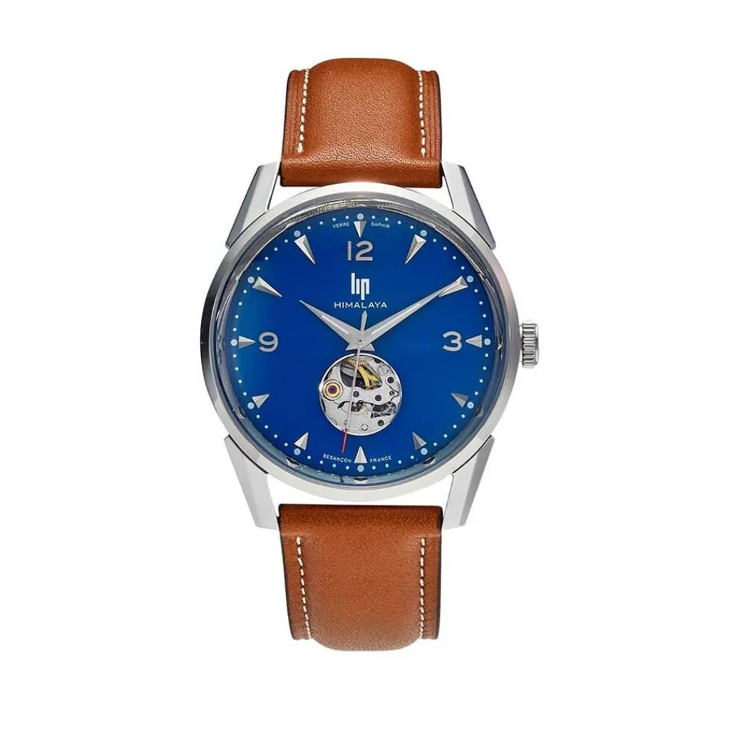 LIP Montre Himalaya C艙ur Battant 40 Bleu cadran argenté fond bleu bracelet cuir marron Sale